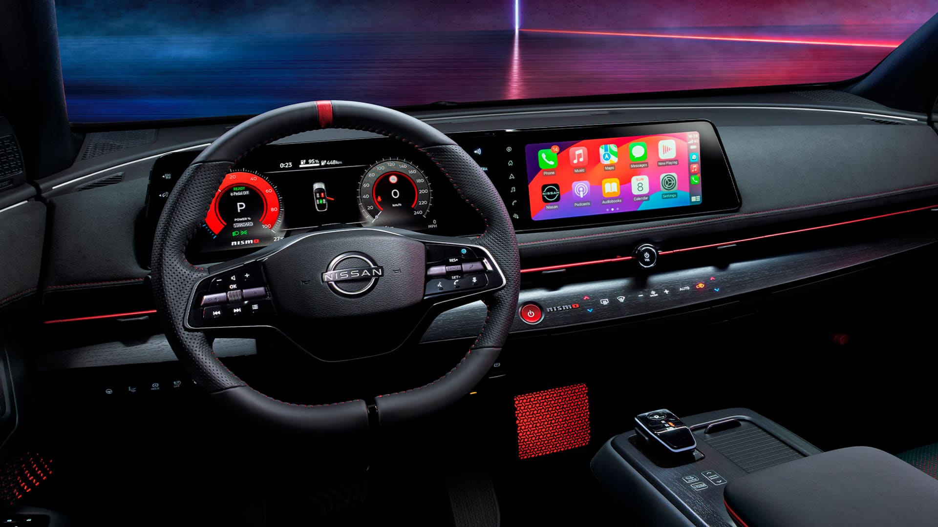 "Videoloop av en grå Nissan Ariya  Nismo elbil  som viser interiørdetaljer  i detalj